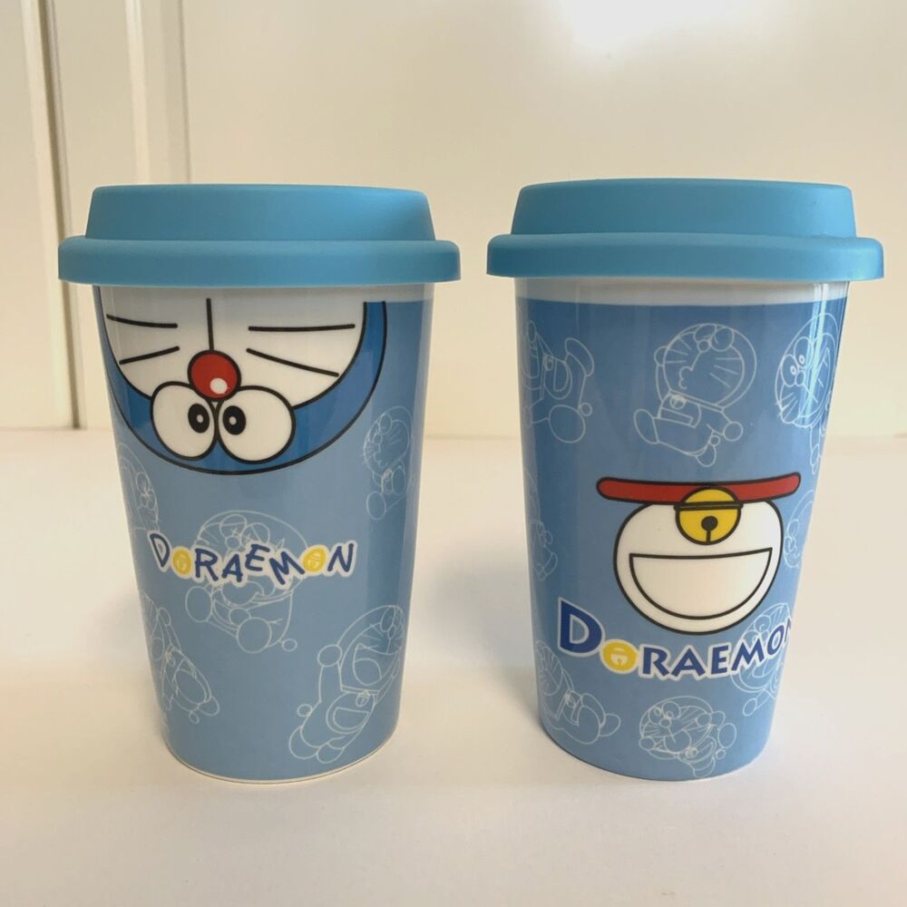 2x  Fujiko Pro Doraemon Travel Cup Mug with Lid Coffee Drink
